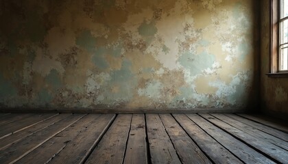 Fototapeta premium Empty room interior with textured peeling paint wall and aged wooden floorboards. Sunlight streams through a window illuminating the scene. Rustic vintage backdrop for design.