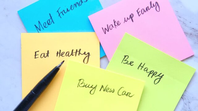A close-up view of five colorful sticky notes with handwritten goals like wake up early, eat healthy, buy new car, meet friends, and be happy, with a pen, captured in a steady overhead shot