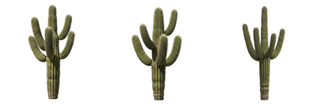 Set of isolated Saguaro cactus plants on white background