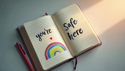 Obraz premium Notebook open on table with quote youre safe here. Rainbow drawing and small red heart on page. Pen nearby. Gentle light beams cross background.
