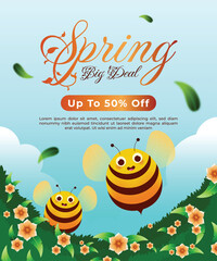 Spring Big Deal Sale with Cute Bees and Flowers