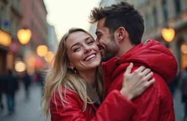 Fototapeta premium Young couple hugs and kisses on street. Woman laughs joyfully embracing man. Couple wears red jackets, celebrates love and connection outdoors.