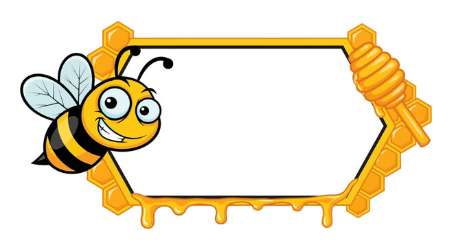 A cartoon bee in a honeycomb frame with dripping honey