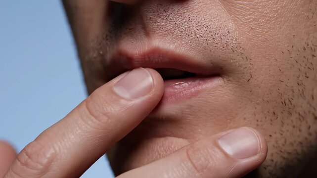 Closeup of a person touching their lips