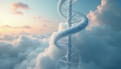 Obraz premium DNA helix floats high above clouds in soft sky. Frozen structure ascends into atmosphere, science or fantasy concept. Bright light, pastel colors.