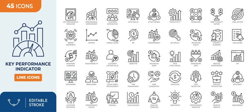 Key Performance Indicators line editable icon set. Containing KPI, performance, objective, optimization, accountability ,target, measurement, strategy, and more. Editable stroke. Vector illustration	
