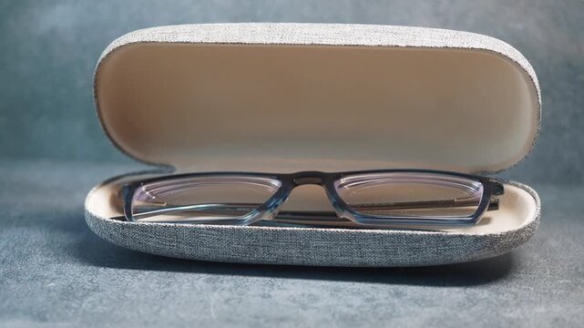 Close-up motion footage of eyeglasses resting inside an open gray hard case on a textured surface