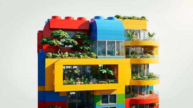 Vibrant modular architecture showcasing a profound sustainable investment impact, designed with interlocking colorful blocks and integrated green terraces for modern eco-friendly urban living.