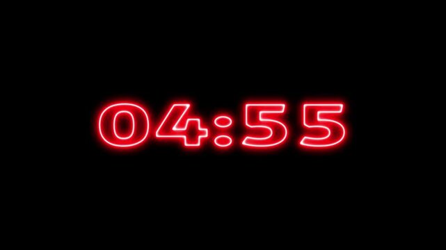 Neon red digital countdown from five min