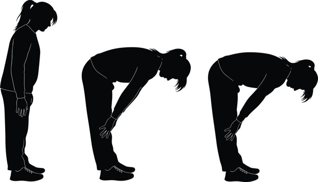 Forward bend stretch silhouettes, fitness exercise icons, yoga posture illustration, hamstring flexibility, standing stretch, workout routine, anatomy movement, wellness