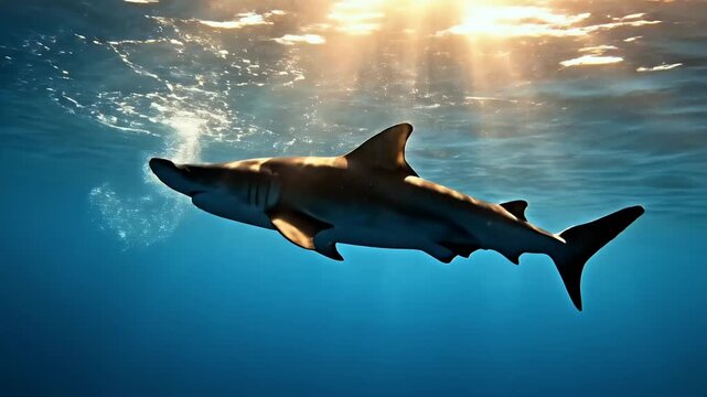 Hammerhead Shark Swimming Silhouetted Against Sunlit Blue Ocean Waters, Underwater View and Filtered Sunlight in