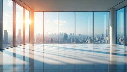 Fototapeta premium Modern empty office with large windows overlooking a city skyline at sunrise. Sun gleams on polished floor. Bright space for business meetings or corporate work.