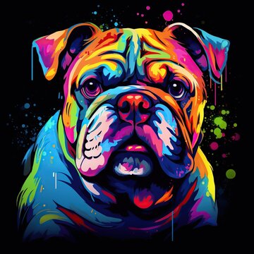 Vibrant Multicolored Bulldog Portrait with Neon Paint Splashes on Black