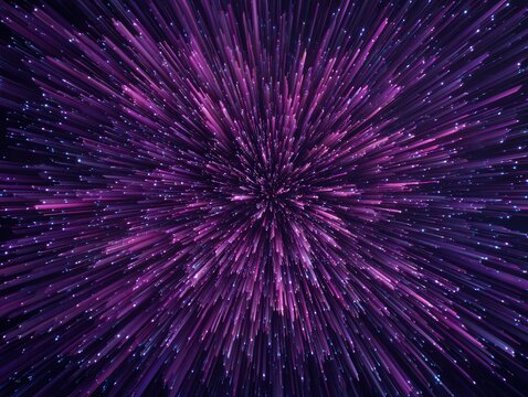 Explosion abstraite de rayons lumineux violets et pourpres simulant un voyage &agrave; travers l'espace ou une transmission de donn&eacute;es num&eacute;riques rapides.