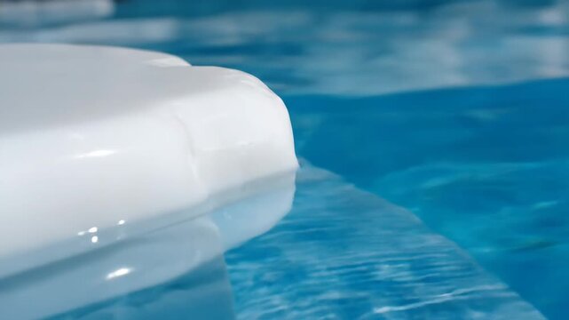 White object floating on blue pool water surface