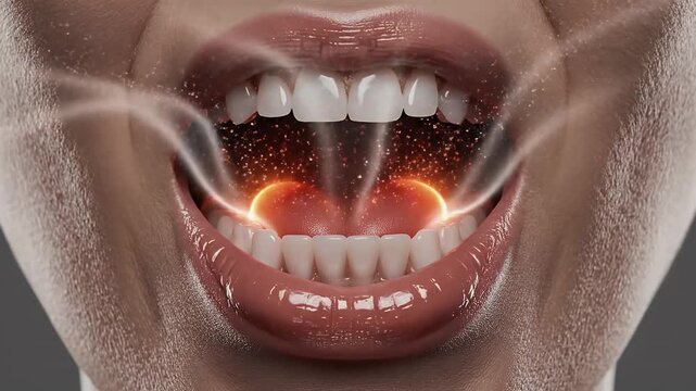 Macro Shot of Open Mouth with Sparkles and Smoke against Gray Background