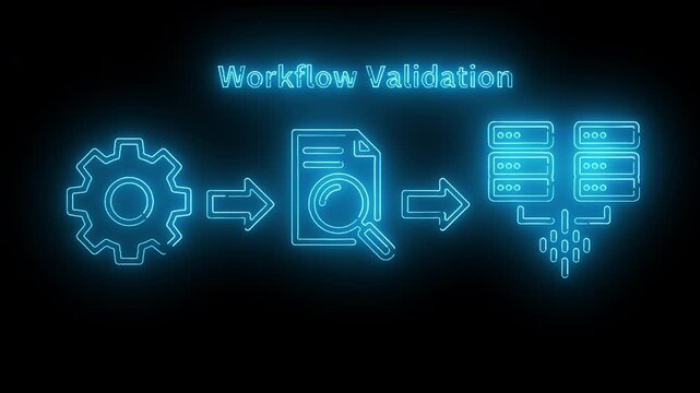 Neon-lit workflow validation process with glowing blue icons on a dark background.