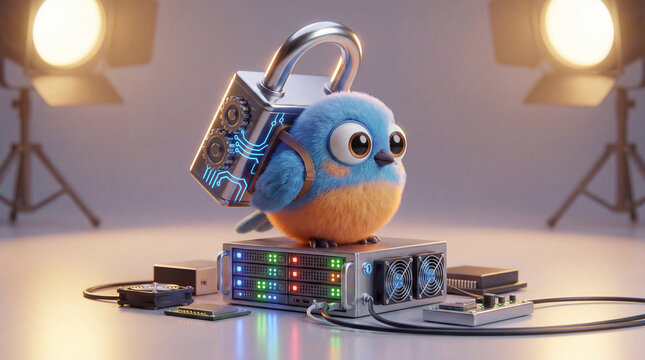 Cute Fluffy Bird with Padlock Backpack on Server Rack Cybersecurity Concept
