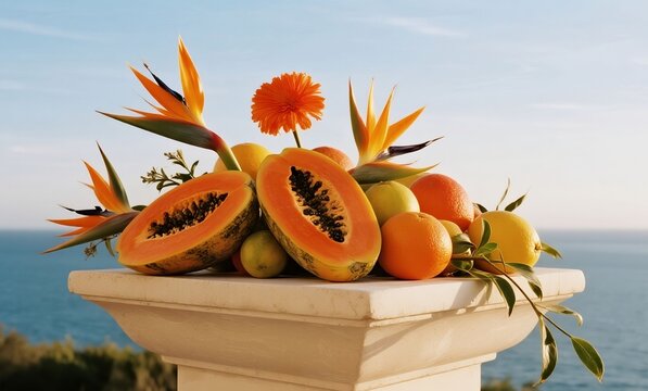 Luxury Tropical Centerpiece with Bird of Paradise, Papaya, and Roses on a Pedestal - Coastal Holiday Lifestyle Background