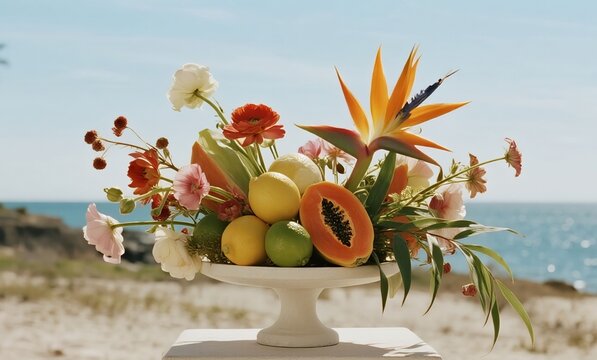 Exotic Fruit and Flower Bowl with Papaya, Mango, and Bird of Paradise Against a Sunny Ocean View - Tropical Garden Buffet