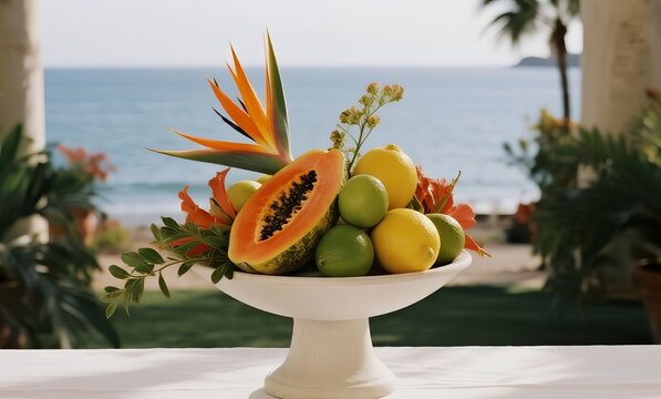 Colorful Tropical Flower Arrangement with Sunflowers, Papaya, and Bird of Paradise on Beach Pedestals - Summer Resort Deco