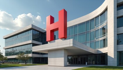 Modern medical center exterior, concrete and glass facade, large red H sign above entrance. Building represents healthcare, advanced treatment, patient care, and medical services.