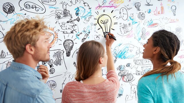 Three individuals collaborating on creative ideas by drawing on a whiteboard filled with illustrations and sketches, enhancing teamwork and innovation in a modern workspace.