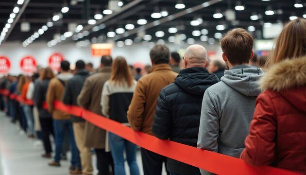 People in long queue wait indoor behind red tape. Men and women line up inside store for shopping or sale event. Crowd gathered at market for purchase.