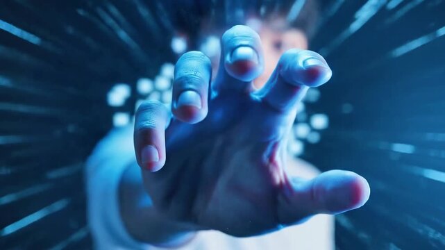 A person's outstretched hand reaches through a mesmerizing array of tiny, glowing blue particles or pixels that resemble digital noise or a futuristic interface