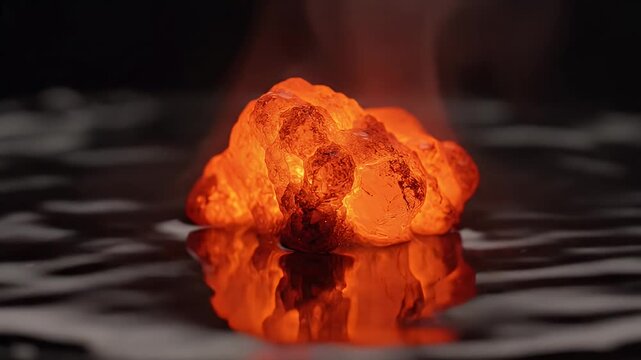 Small glowing orange mineral nugget with molten texture resting on reflective black surface