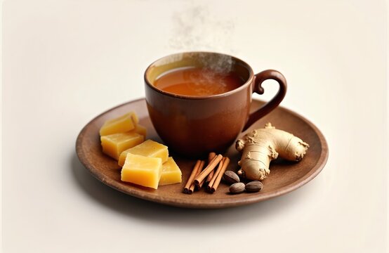 Steaming cup of traditional Indian jaggery tea with ginger, cinnamon, and cardamom. Sweetened with gud blocks. Healthy spiced beverage for morning refreshment or boosting immunity.