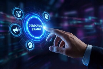 Fototapeta premium Hand of businessman touching virtual screen with personal brand text and icons