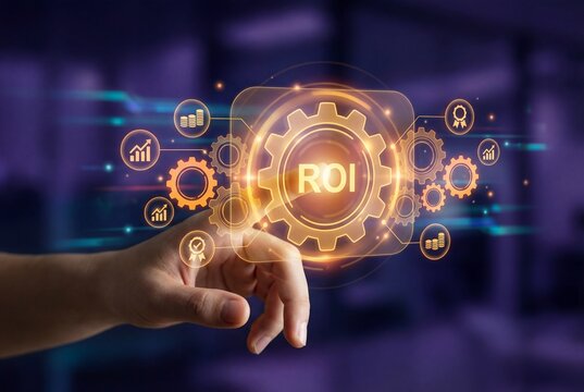 Finger touching a glowing holographic ROI interface with gears and financial symbols