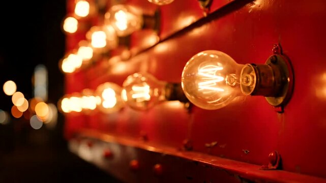 Glowing Light Bulbs on Red Wall at Night.