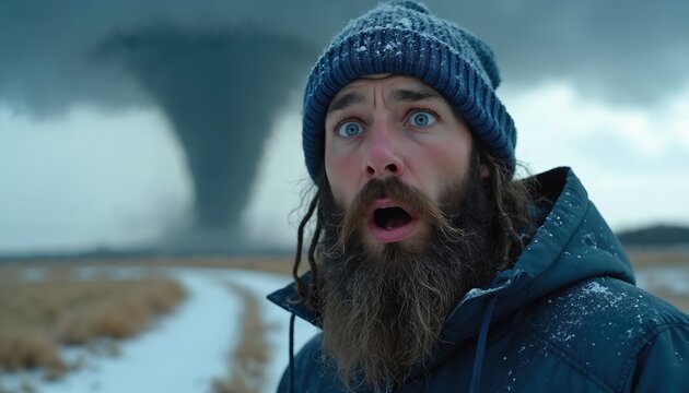 Bearded man in knitted hat stares in shock at massive tornado approaching snowy field. Dark storm clouds loom, creating ominous winter atmosphere. Frozen landscape, severe weather event.