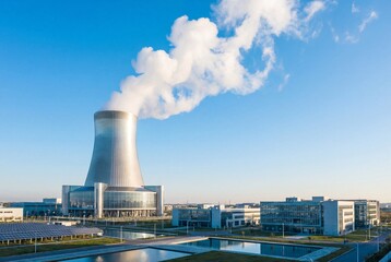 Industrial cooling tower emitting steam under blue sky