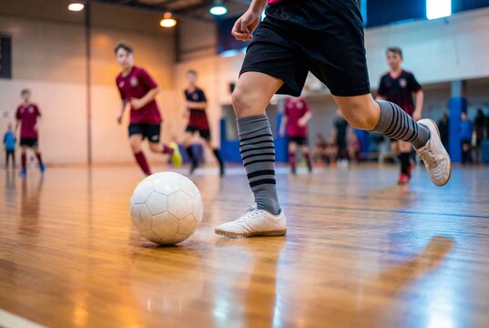 A youth futsal player dribbles a white ball across a wooden indoor court during a game