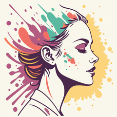 Profile portrait of a woman with closed eyes and colorful abstract paint splashes surrounding her head expressing creative thoughts © KHUKUMONI