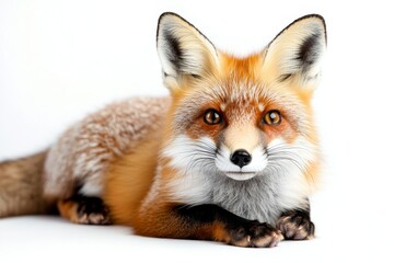 alert red fox portrait lying down isolated on white background showcasing sharp ears and intense gaze revealing wild beauty