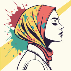 Beautiful woman wearing hijab profile portrait side view with colorful abstract paint splashes and bold geometric shapes in vibrant style © KHUKUMONI