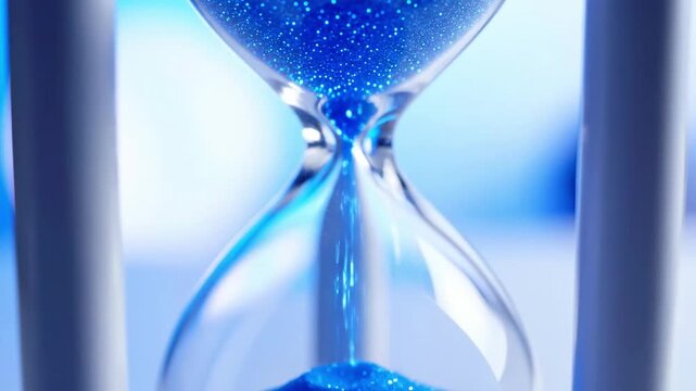 Close-up of an hourglass with blue sand flowing from the top bulb to the bottom, set against a blurred blue background