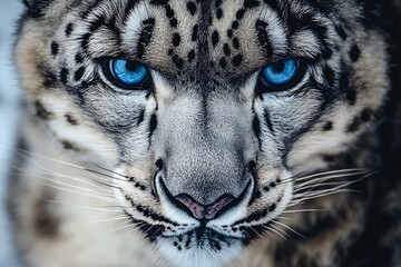 Fototapeta premium A stunning close up portrait of a majestic snow leopard with piercing blue eyes.