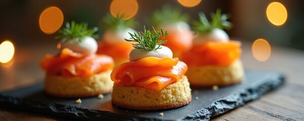 Obraz premium Smoked salmon appetizers arranged on slate. Small cornbread cakes topped with cream cheese, salmon, and dill. Cozy bokeh lights add festive atmosphere for parties or events.