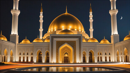 Fototapeta premium Grand mosque with intricate architecture and glowing lights at night