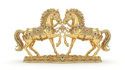 Two horses facing each other in polished gold, symmetrical jewelry sculpture, isolated on white background, clean studio lighting