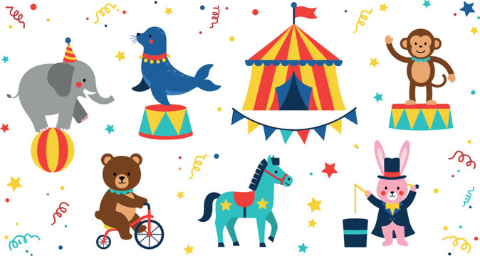 Cute circus animals vector illustration set with elephant, monkey, bear, seal and colorful carnival tent