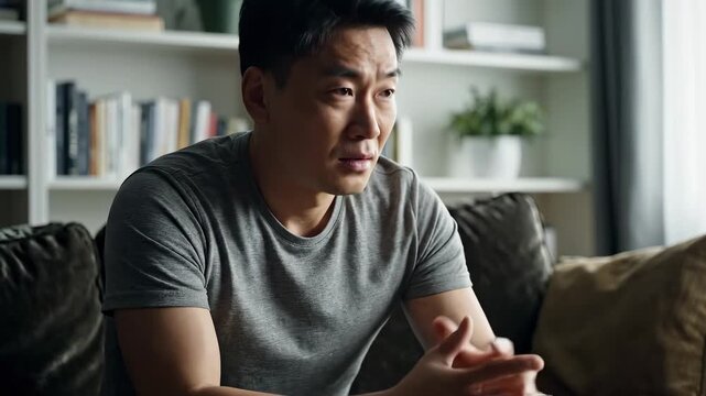 man covering face with hands on couch