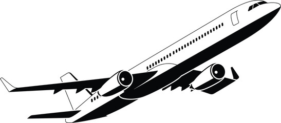 Airplane vector illustration with commercial aircraft in flight showing engines wings and fuselage—ideal for aviation artwork travel branding aerospace design and transport themed creative projects © designspro