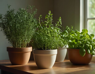Fototapeta premium Aromatic herbs growing on the kitchen table. Generative AI. plants in the pots.