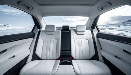 Luxury car interior, white leather seats in a modern sedan with a view of a snowy landscape through the windows